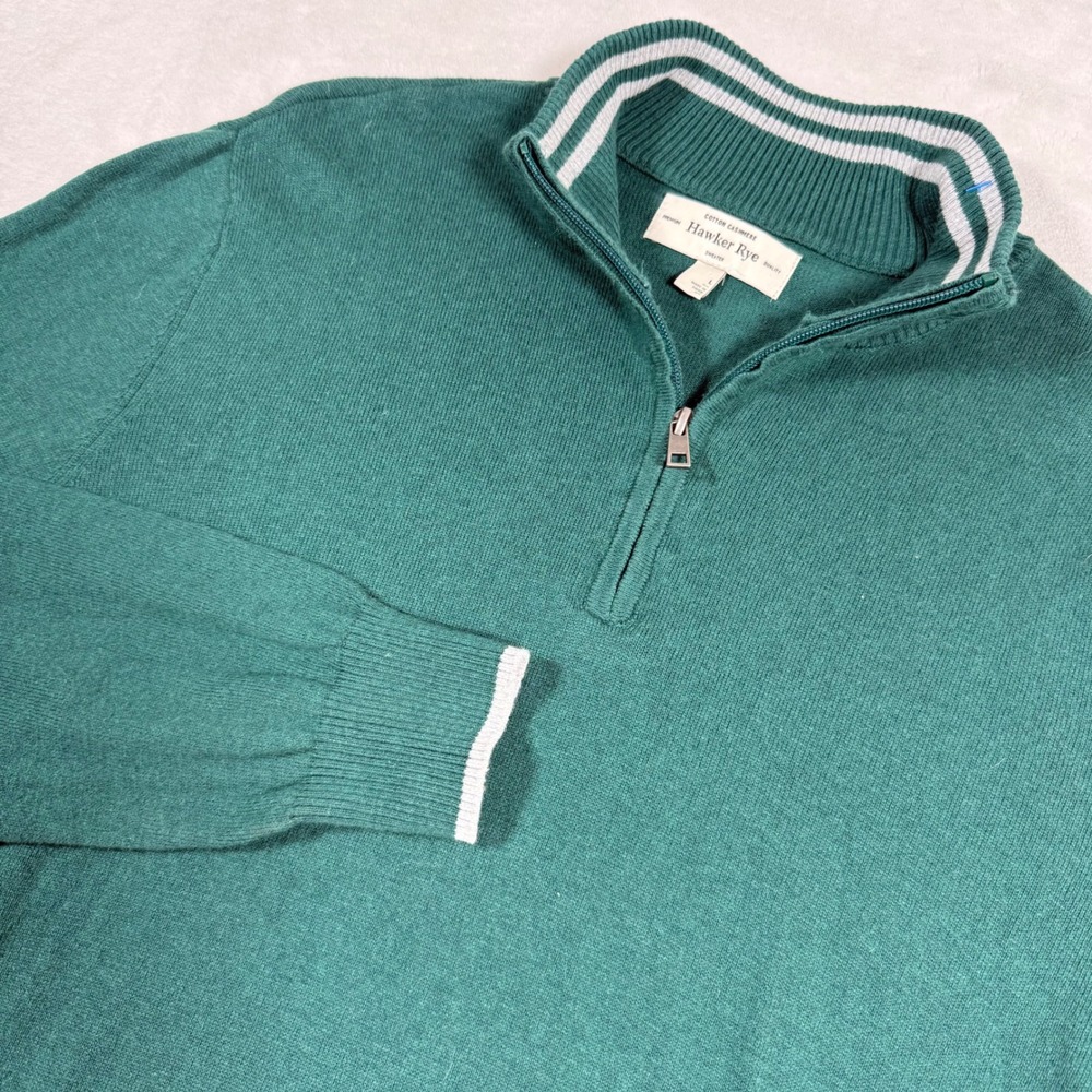 Hawker Rye‎ Mens Green Cotton Cashmere Quarter Zip Sweater Size L